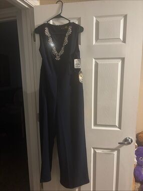 Strapless Navy Jumpsuit with Jeweled V-Neck